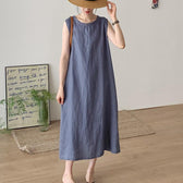 Round Neck Sleeveless Shift Linen Midi Dress Summer 4