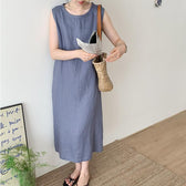 Round Neck Sleeveless Shift Linen Midi Dress Summer 5