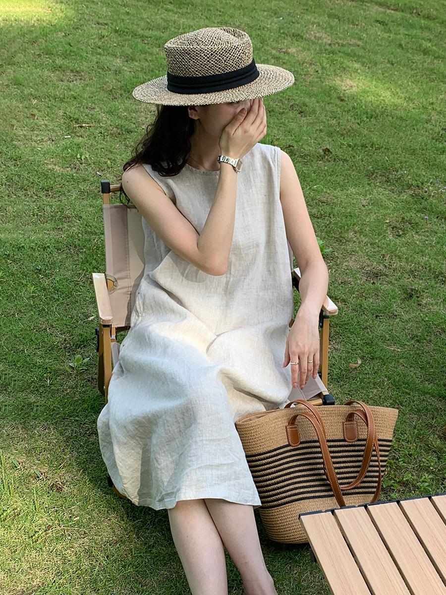 Round Neck Sleeveless A-Line Linen Midi Dress Summer