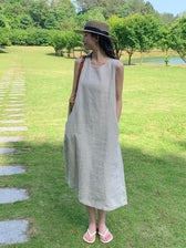 Round Neck Sleeveless A-Line Linen Midi Dress Summer 3