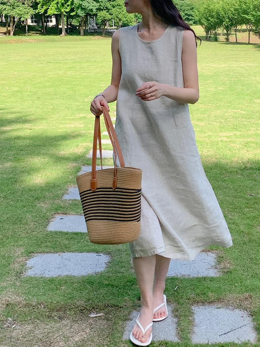 Round Neck Sleeveless A-Line Linen Midi Dress Summer 10