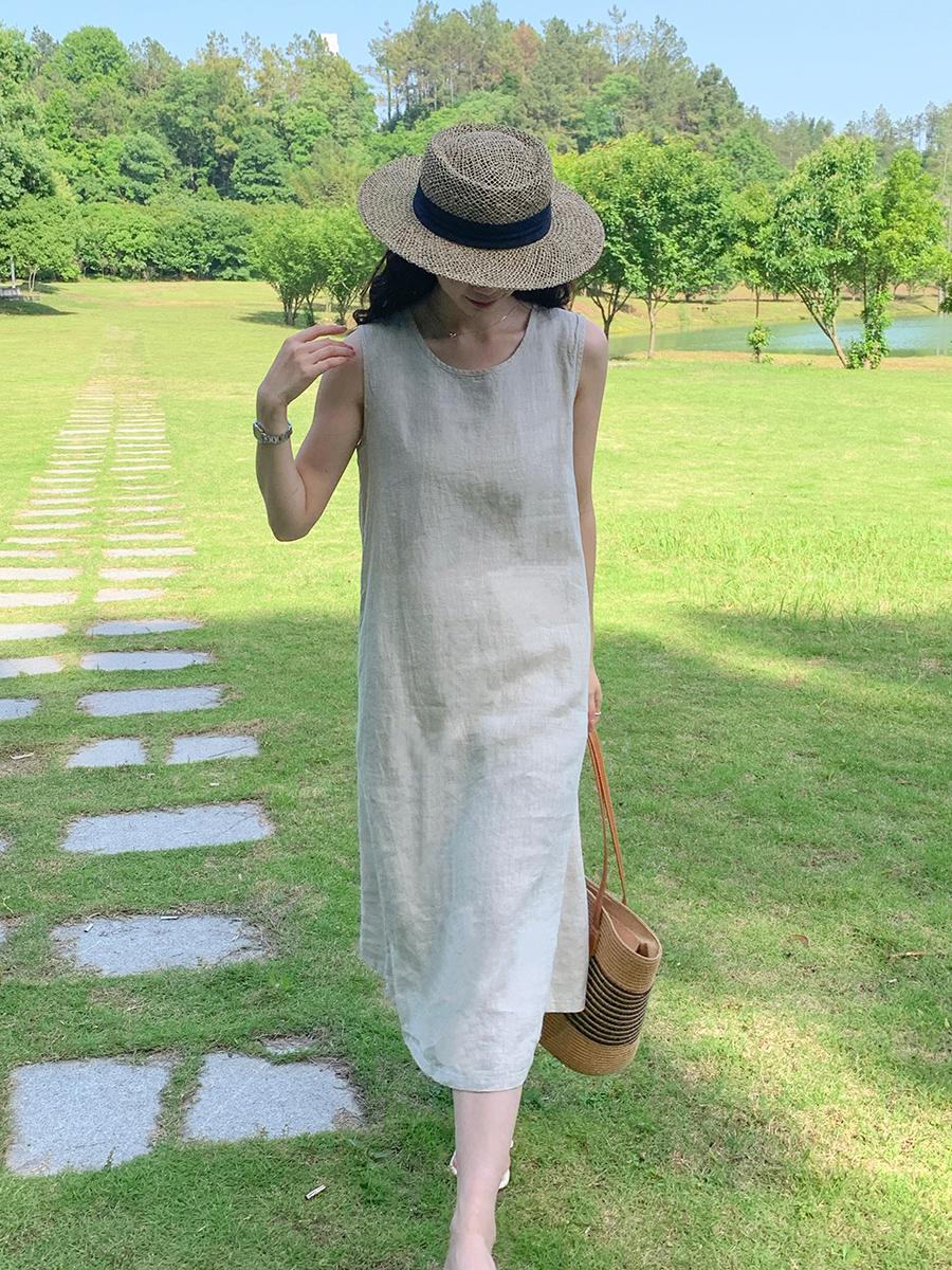 Round Neck Sleeveless A-Line Linen Midi Dress Summer 6