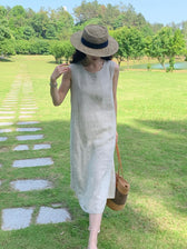 Round Neck Sleeveless A-Line Linen Midi Dress Summer 6