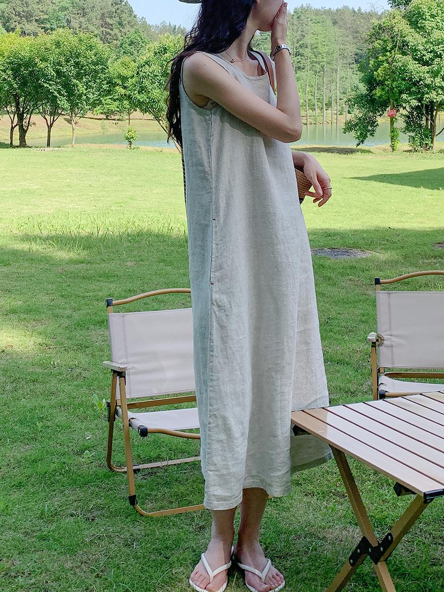 Round Neck Sleeveless A-Line Linen Midi Dress Summer 11