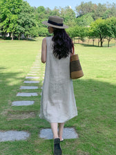 Round Neck Sleeveless A-Line Linen Midi Dress Summer 7