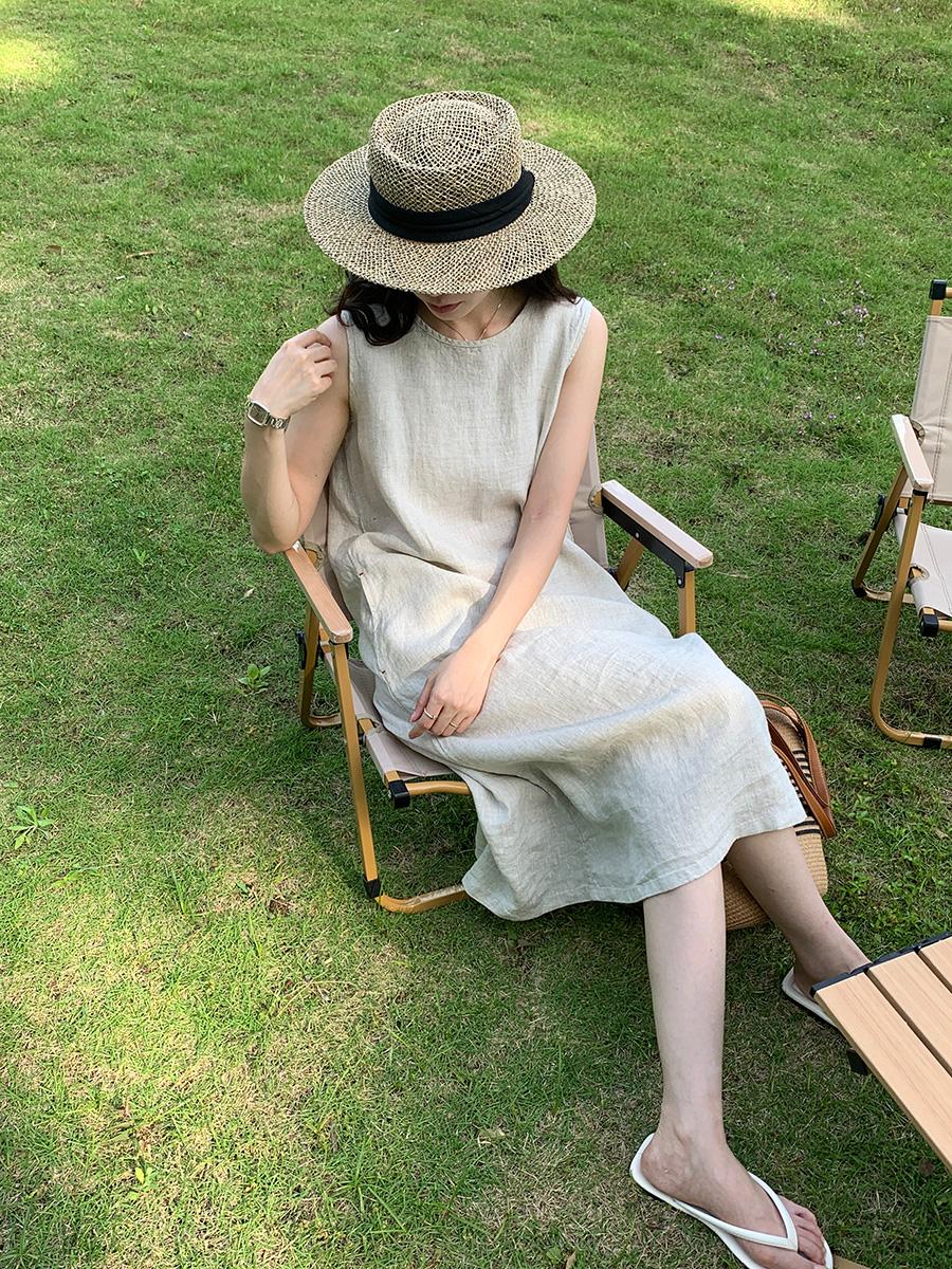 Round Neck Sleeveless A-Line Linen Midi Dress Summer 8