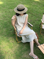 Round Neck Sleeveless A-Line Linen Midi Dress Summer 8