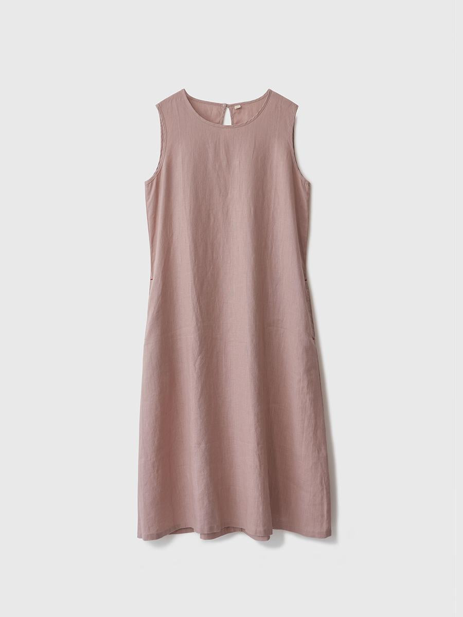 Round Neck Sleeveless A-Line Linen Midi Dress Summer 13