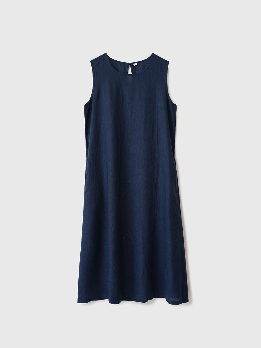 Round Neck Sleeveless A-Line Linen Midi Dress Summer 14