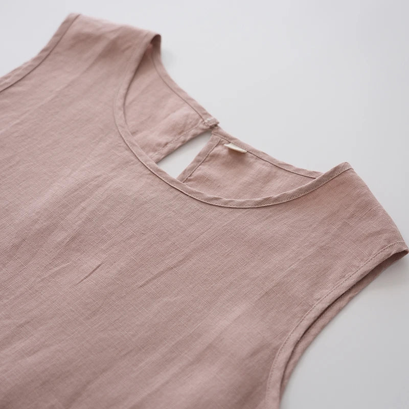Round Neck Sleeveless A-Line Linen Midi Dress Summer 25