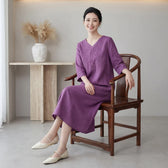 Embroidered V-Neck Linen Midi Dress