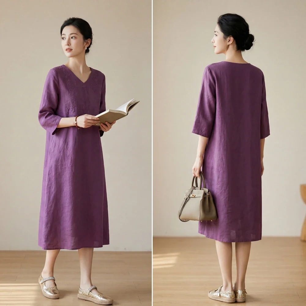 Embroidered V-Neck Linen Midi Dress 5