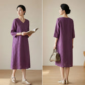 Embroidered V-Neck Linen Midi Dress 5