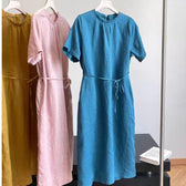 Round Neck Short Sleeve Tie Waist Linen Midi Dress Summer
