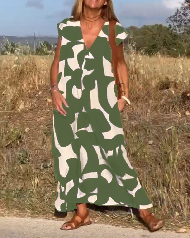 Abstract Print V-Neck Cap Sleeve Oversized Maxi Dress