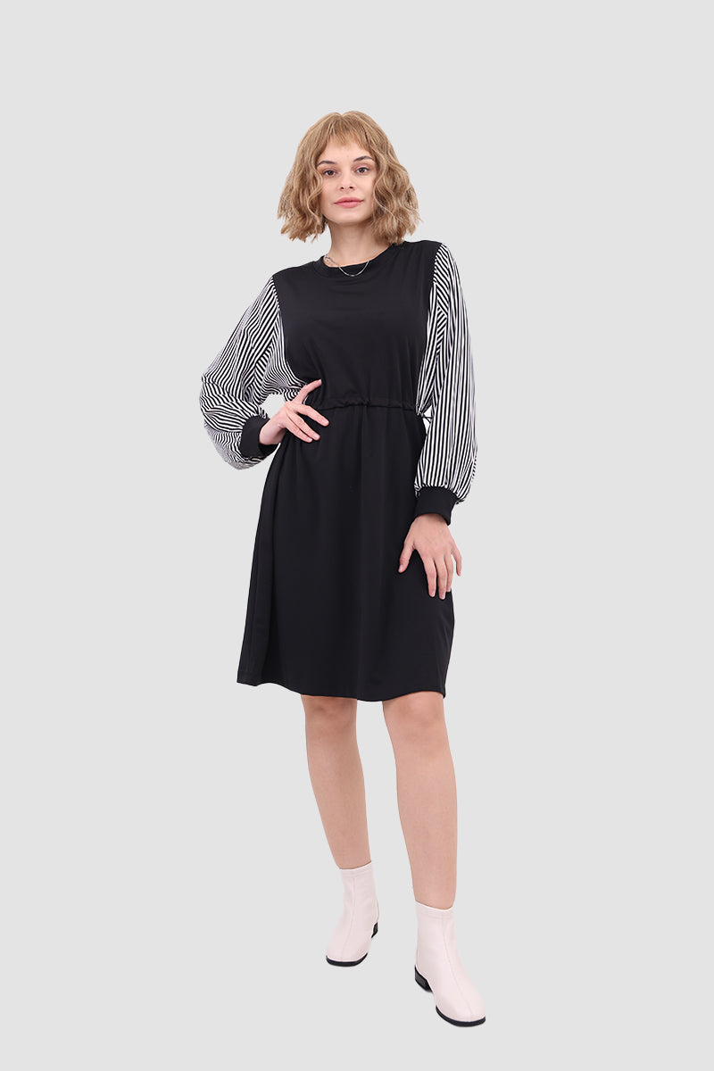 Striped Long Sleeve Crew Neck Drawstring Waist Sweatshirt Mini Dress 2
