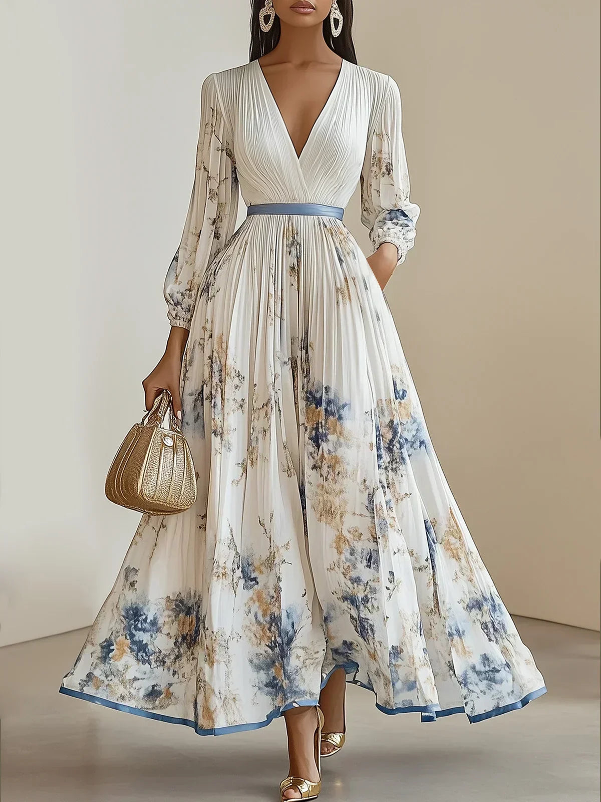 Halston - Elegant V-Neck Puff Sleeves Maxi Dress White
