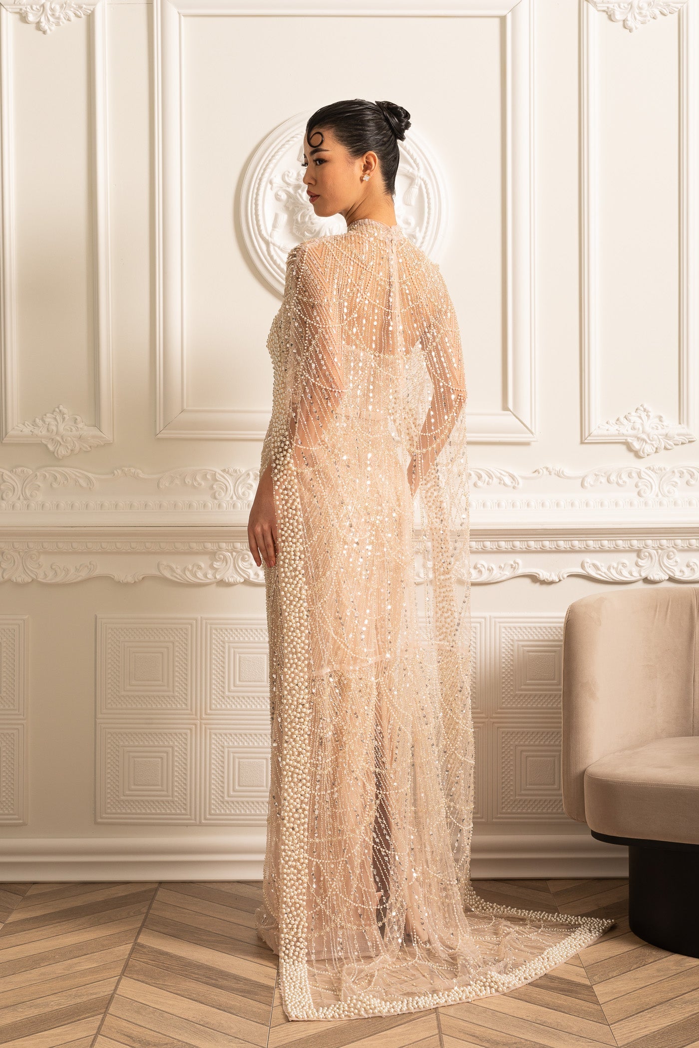 Glamourous Beaded Gown With Detachable Veil - Beige