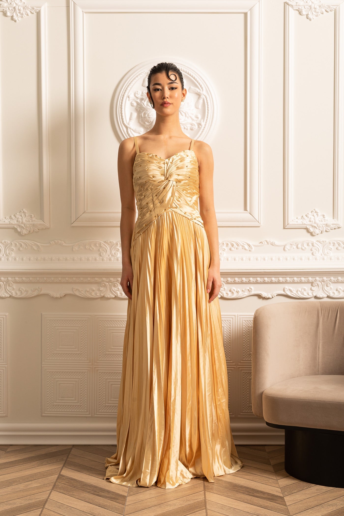 Cascade Gown With Sparkling Details - Gold