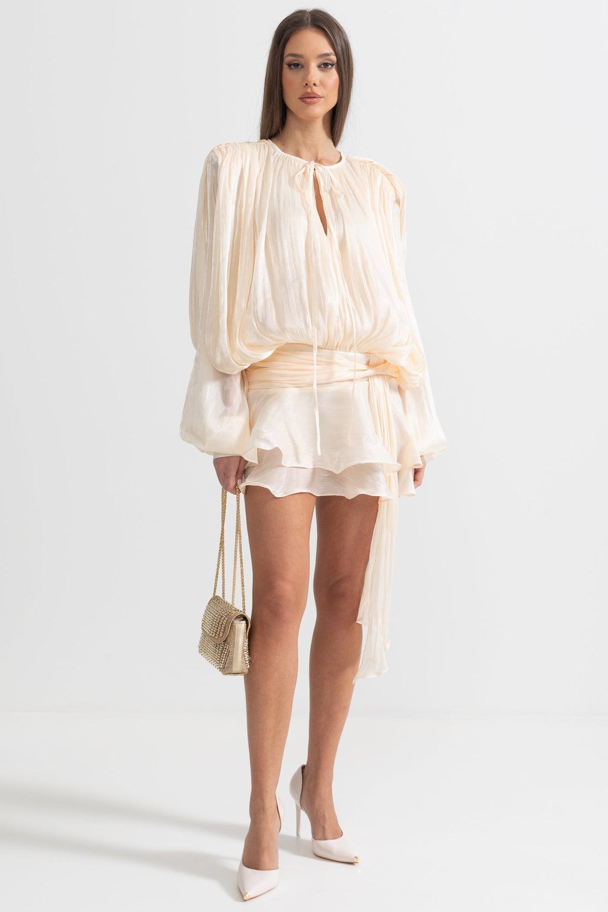 Pleated Satin Tie Neck Long Sleeve Wrap Waist Ruffle Hem Mini Dress 4