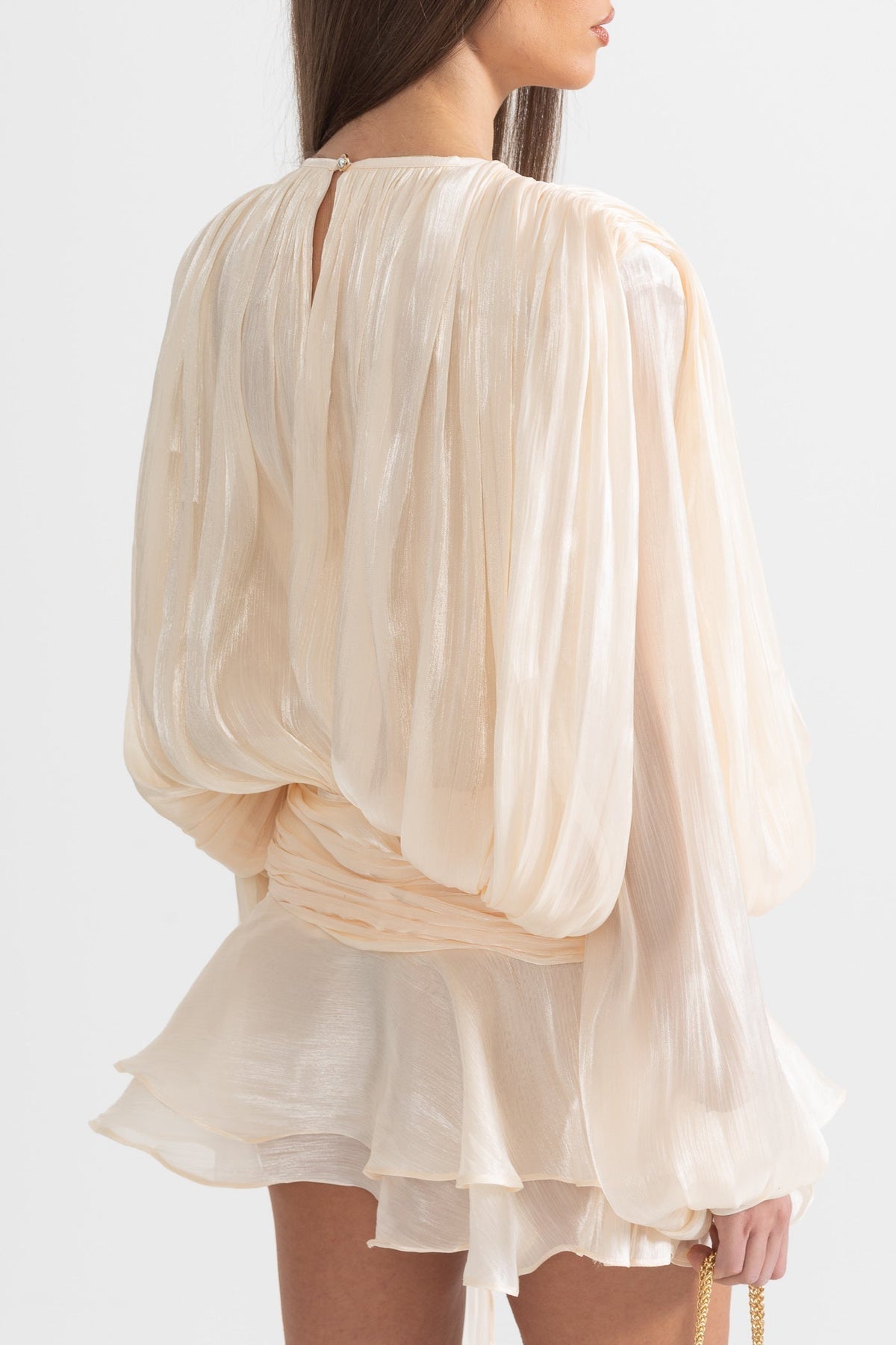 Pleated Satin Tie Neck Long Sleeve Wrap Waist Ruffle Hem Mini Dress 9