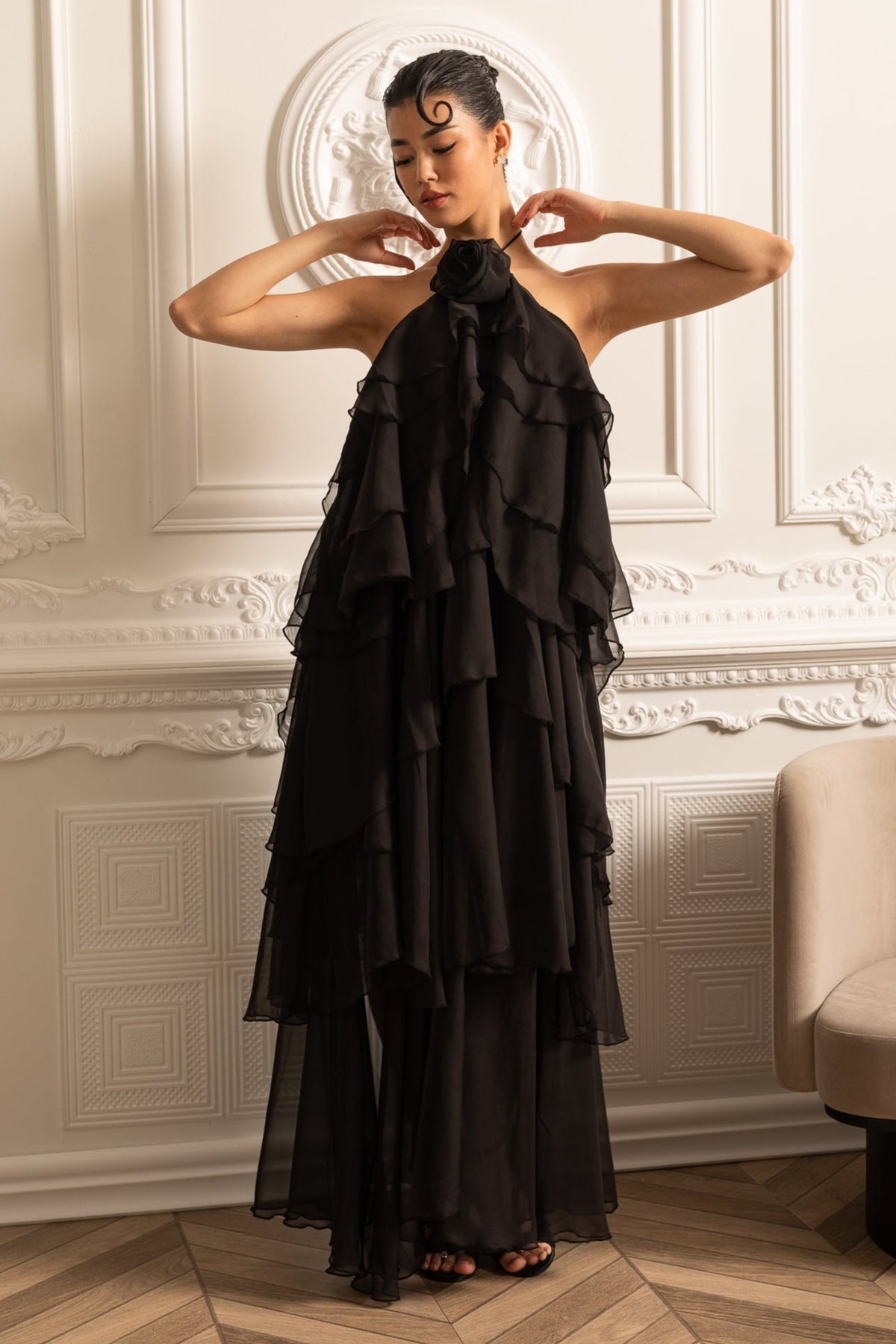 Halter Neck Rosette Tiered Ruffle Chiffon Maxi Dress 2
