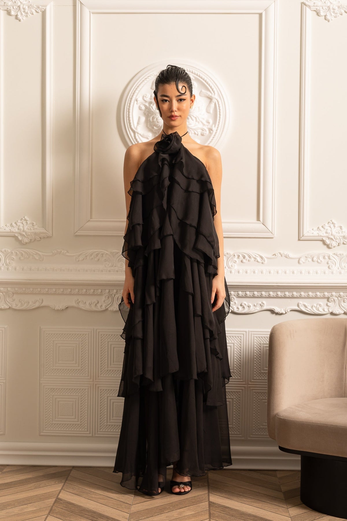 Halter Neck Rosette Tiered Ruffle Chiffon Maxi Dress 10