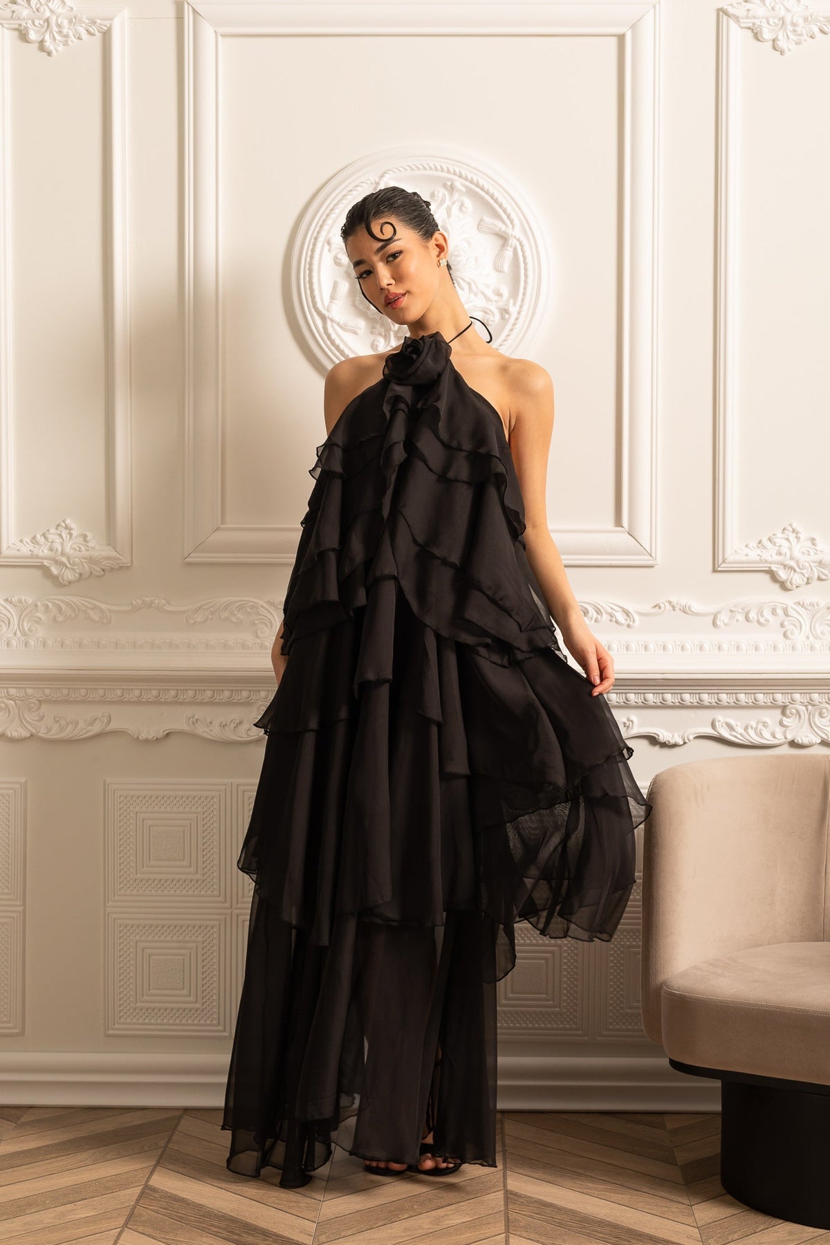 Halter Neck Rosette Tiered Ruffle Chiffon Maxi Dress 11