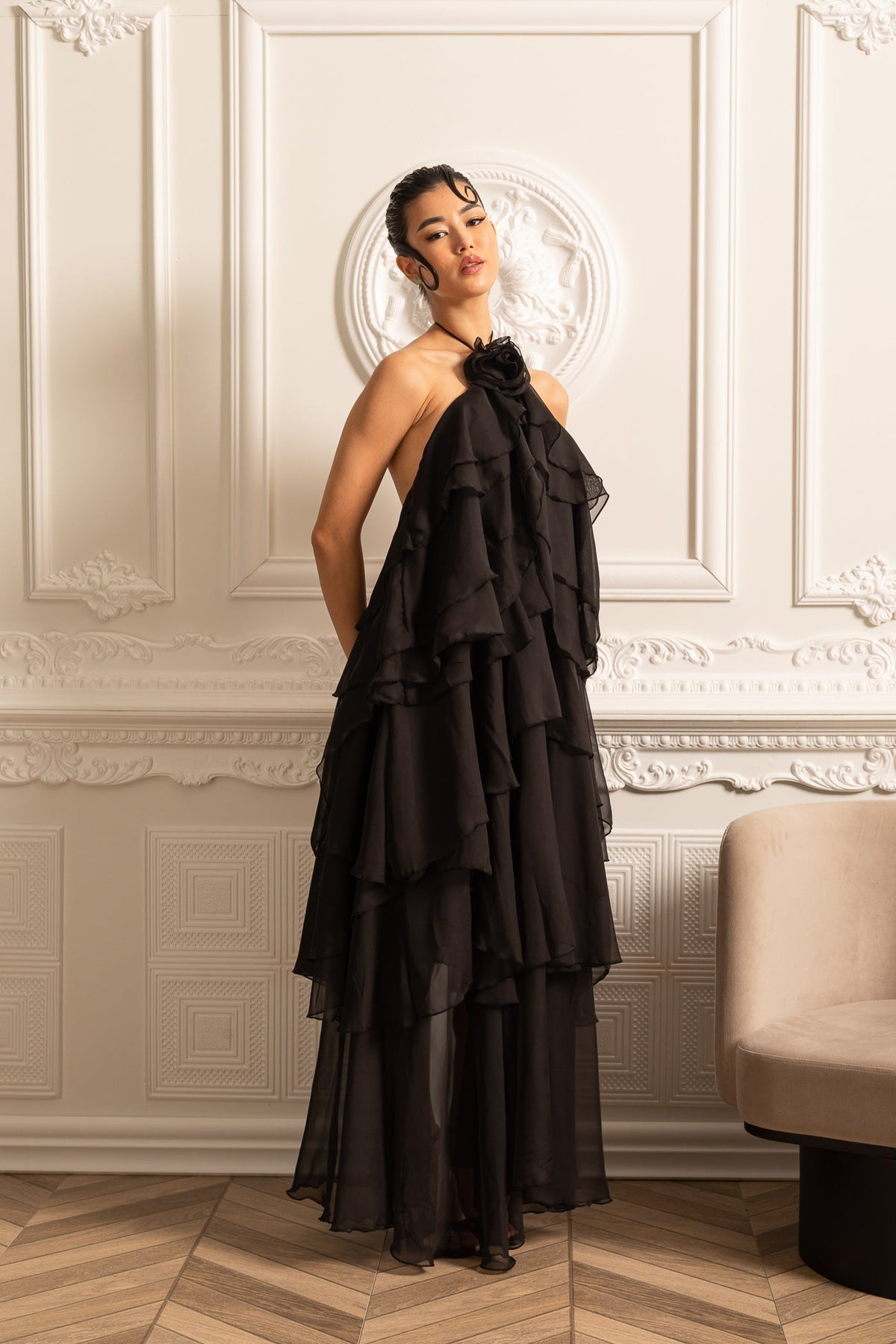 Halter Neck Rosette Tiered Ruffle Chiffon Maxi Dress 12