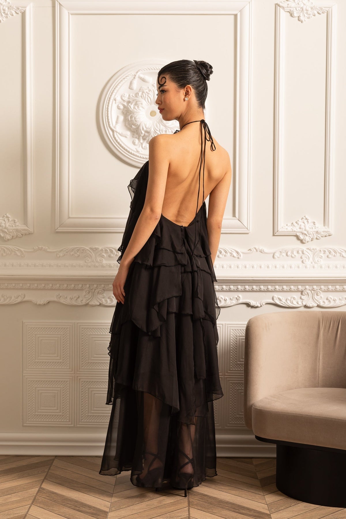 Halter Neck Rosette Tiered Ruffle Chiffon Maxi Dress 14