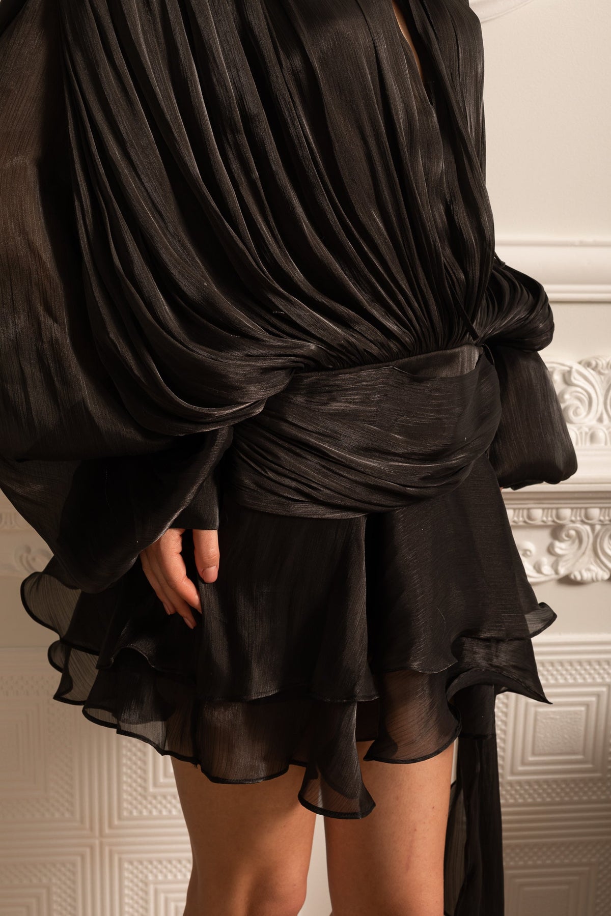Tie Neck Long Sleeve Draped Wrap Waist Ruffle Hem Mini Dress 5