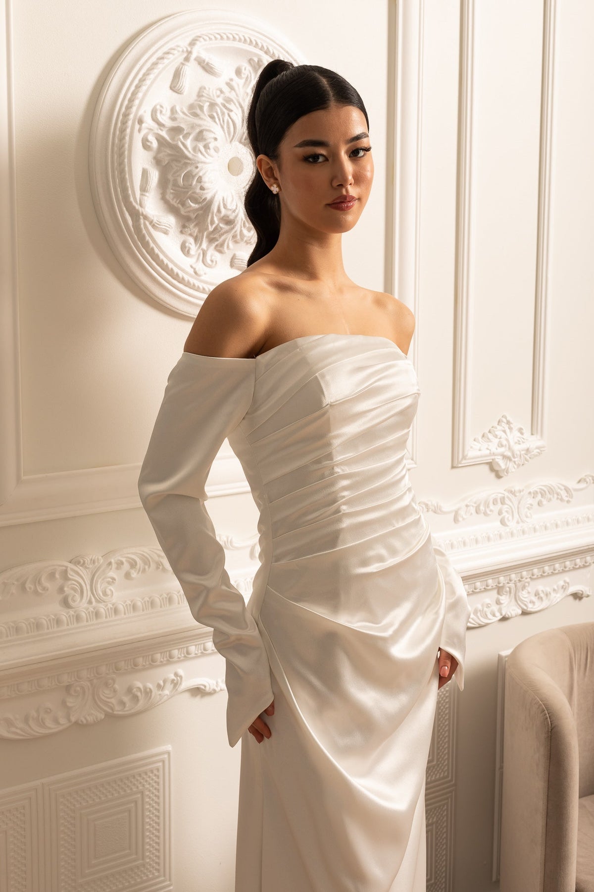 Satin Off Shoulder Long Sleeve Ruched Draped Maxi Gown 2