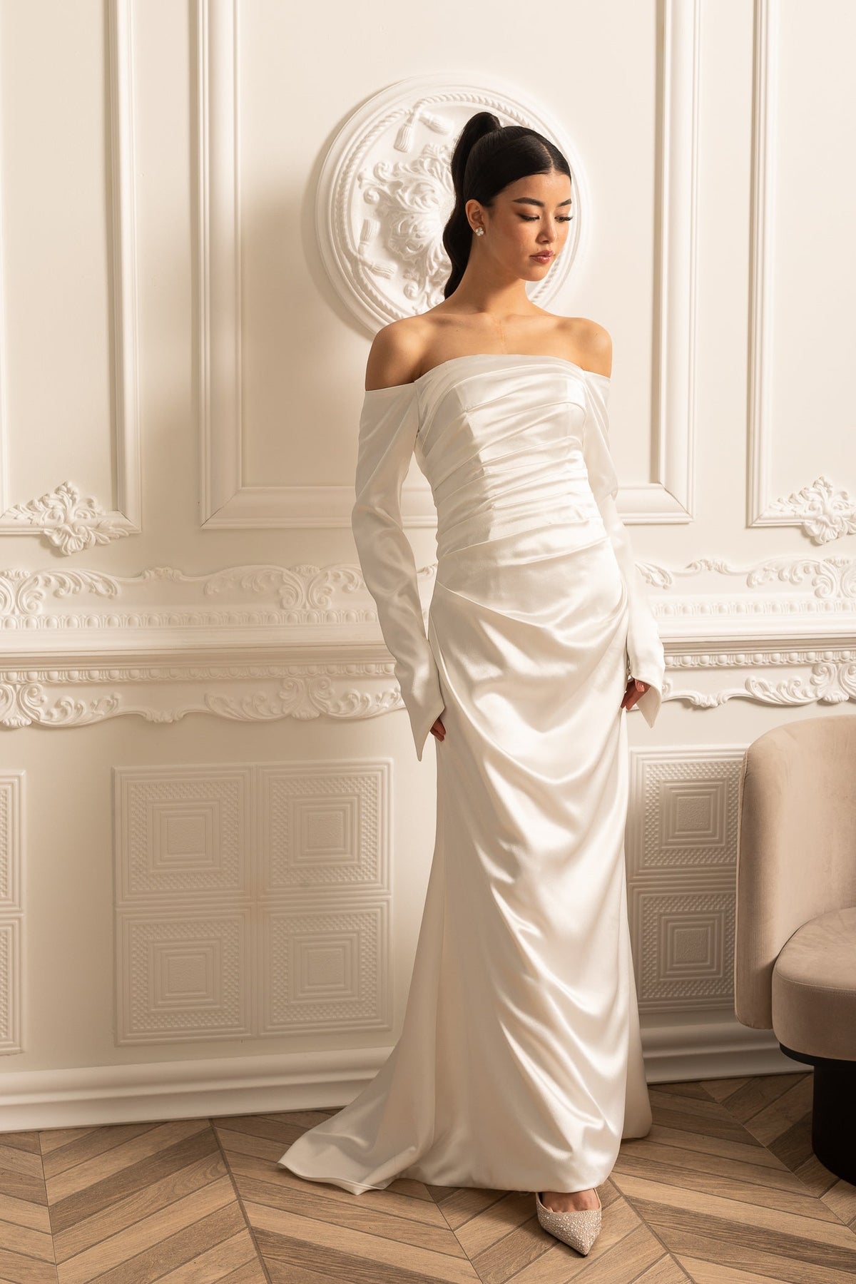 Satin Off Shoulder Long Sleeve Ruched Draped Maxi Gown 8