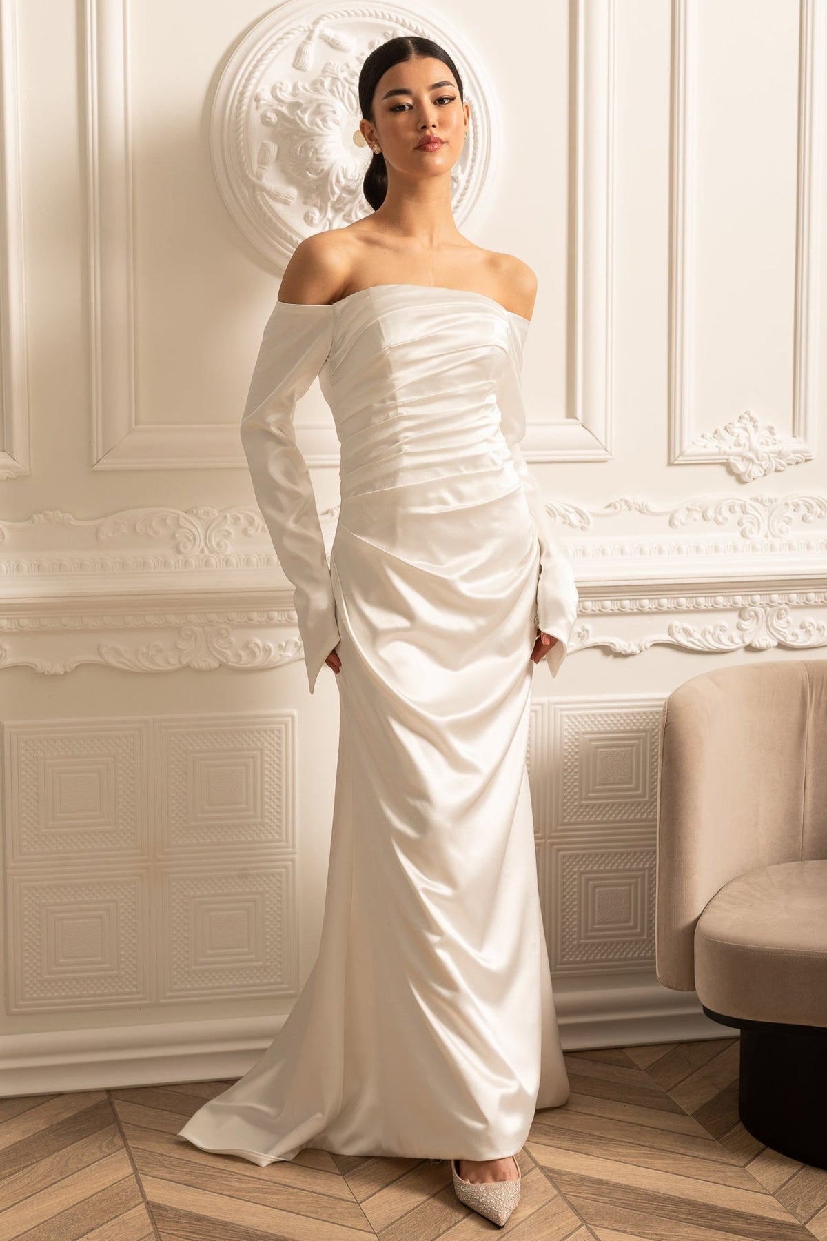 Satin Off Shoulder Long Sleeve Ruched Draped Maxi Gown