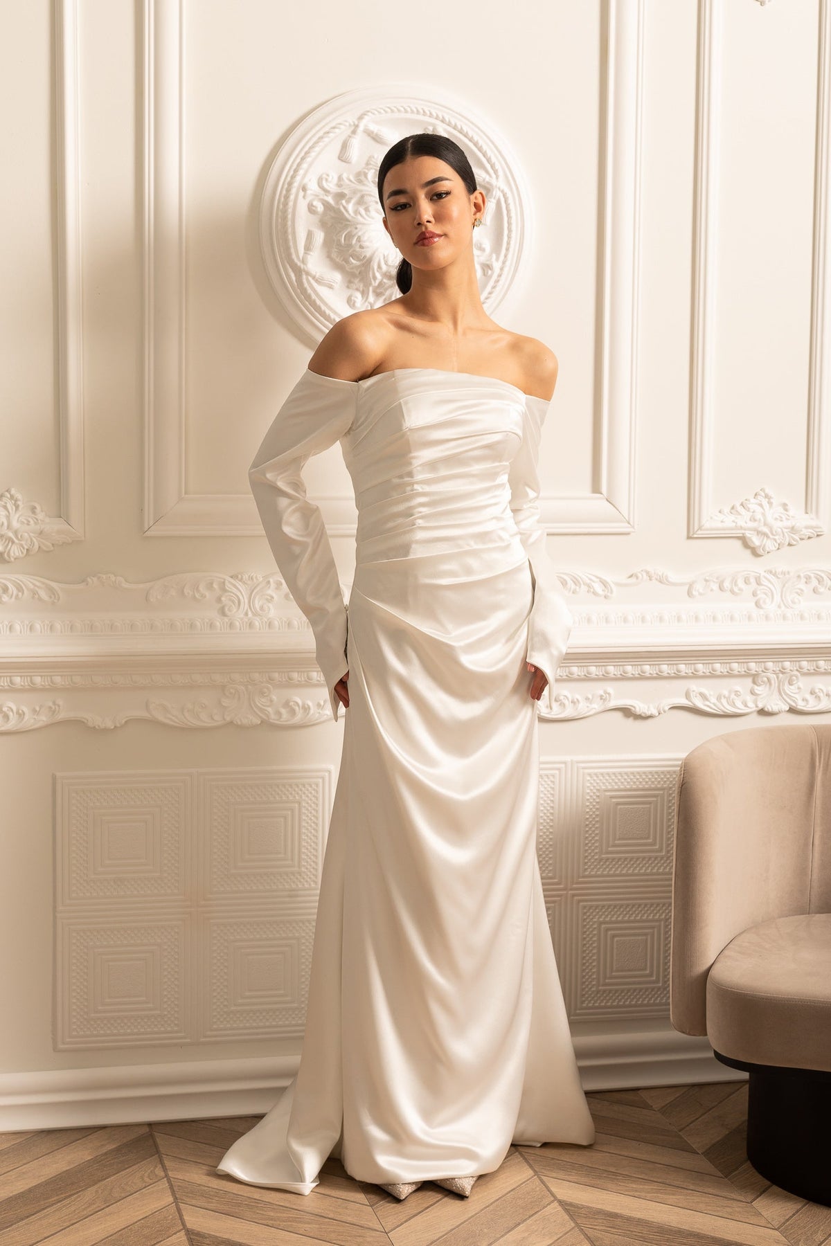 Satin Off Shoulder Long Sleeve Ruched Draped Maxi Gown 11