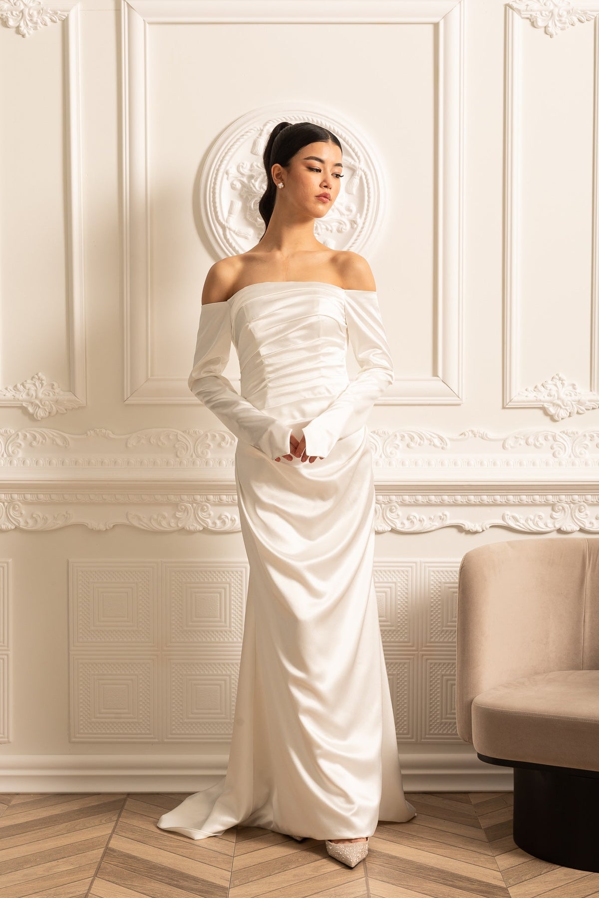 Satin Off Shoulder Long Sleeve Ruched Draped Maxi Gown 12