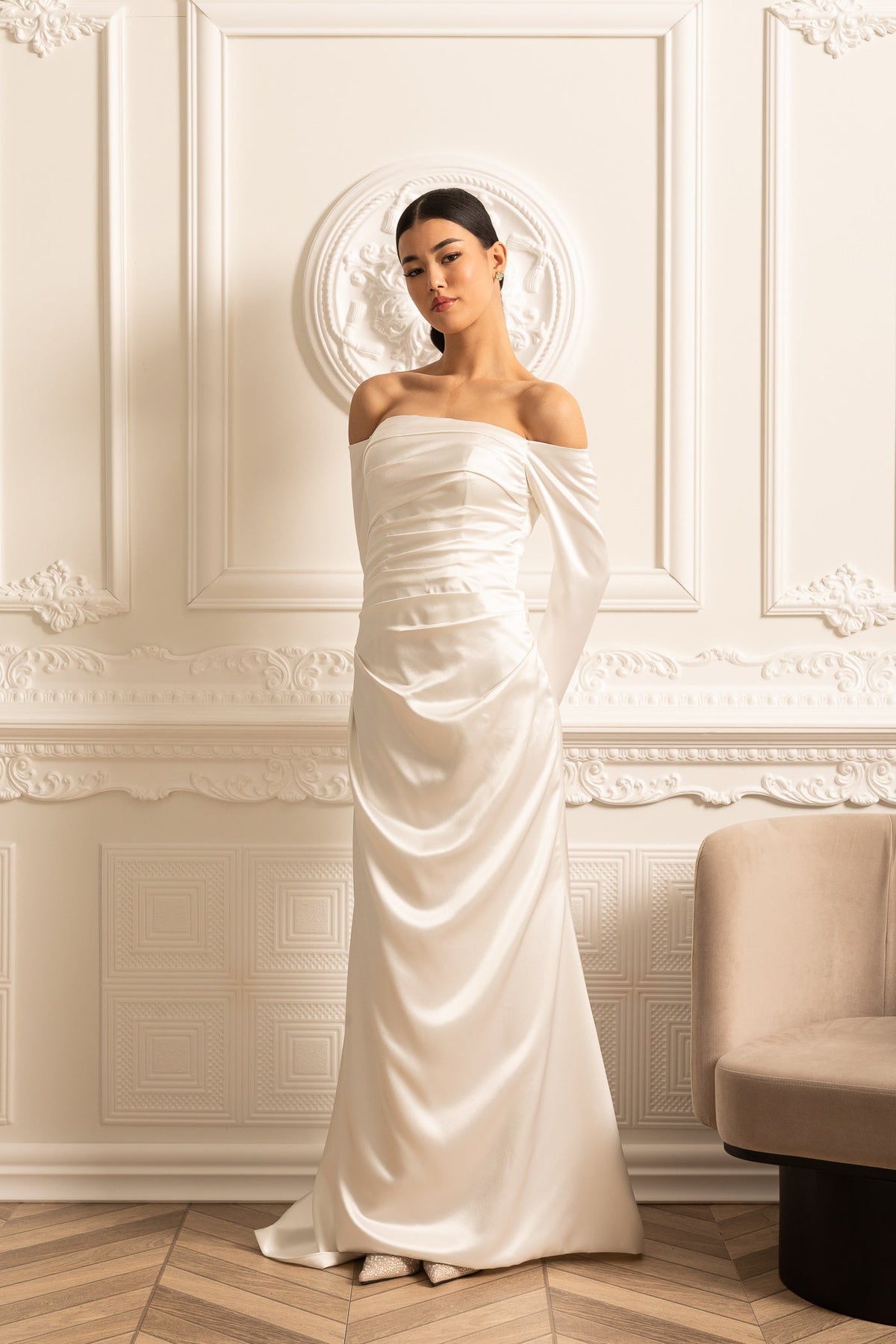 Satin Off Shoulder Long Sleeve Ruched Draped Maxi Gown 13