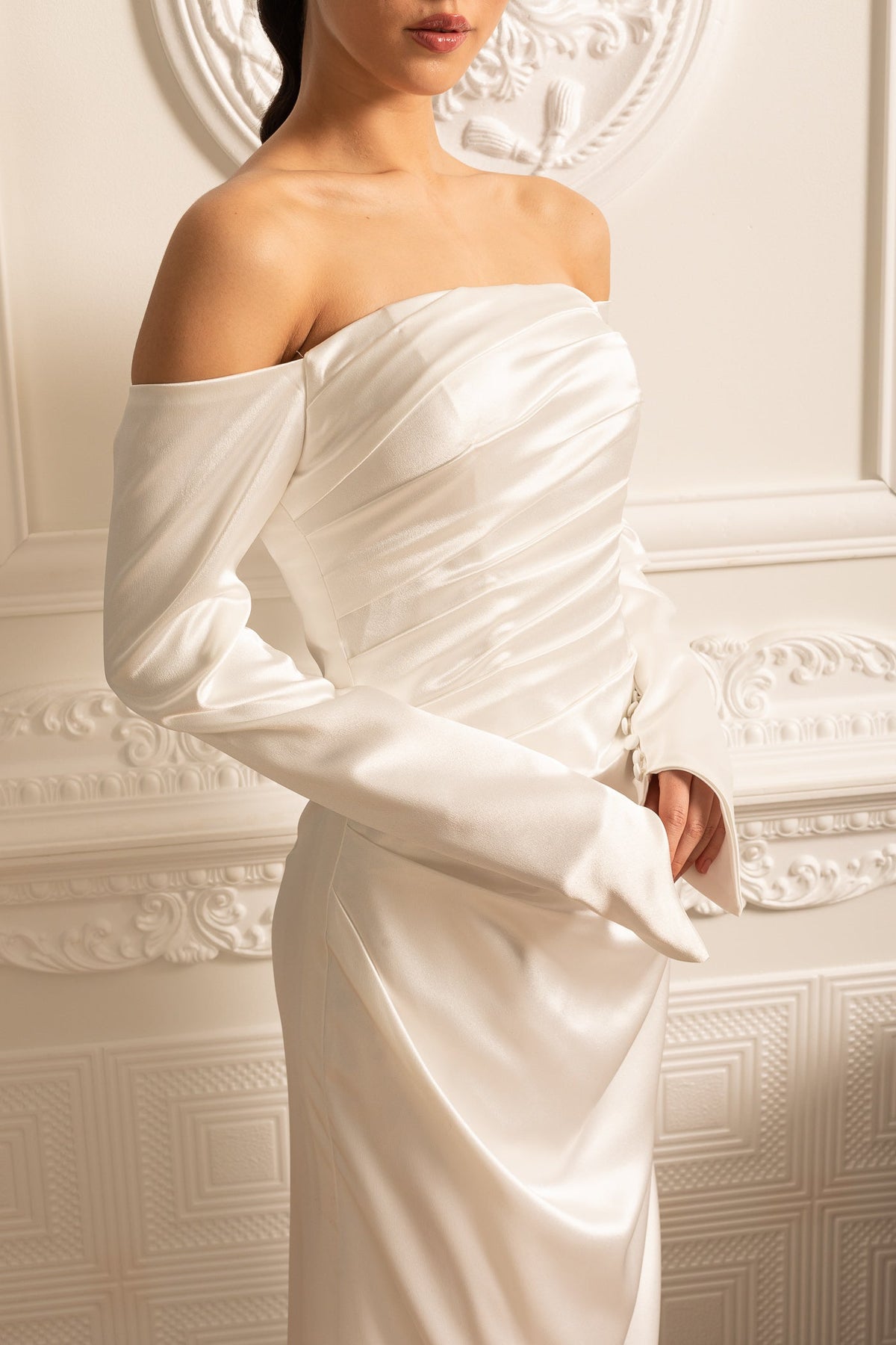 Satin Off Shoulder Long Sleeve Ruched Draped Maxi Gown 4