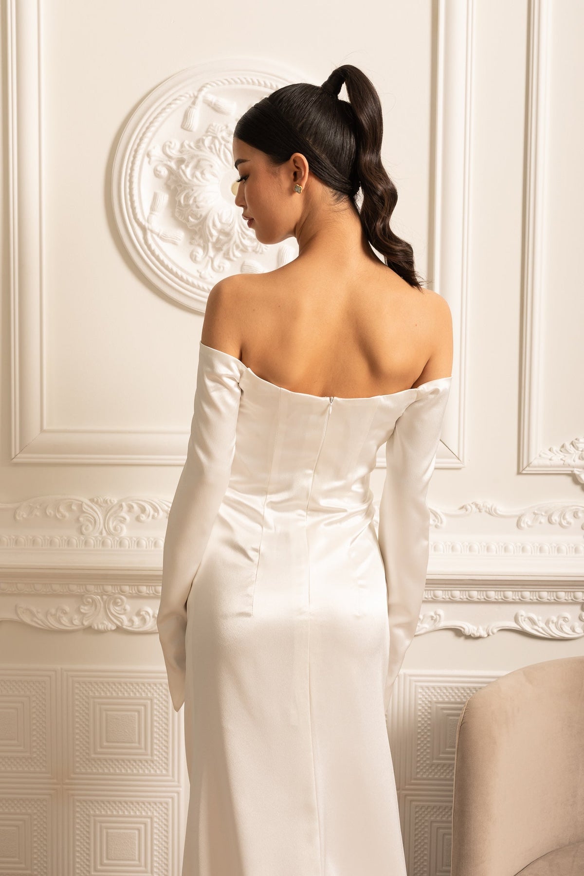Satin Off Shoulder Long Sleeve Ruched Draped Maxi Gown 15
