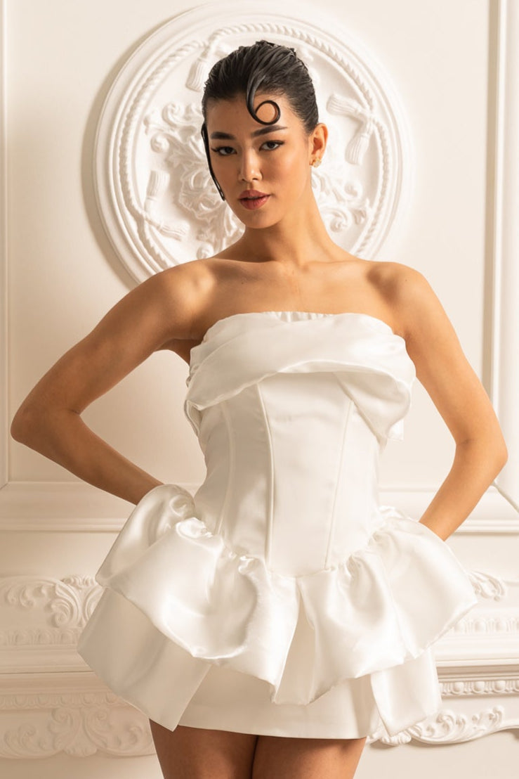 Strapless Satin Draped Corset Bodice Ruffle Peplum Mini Dress 2