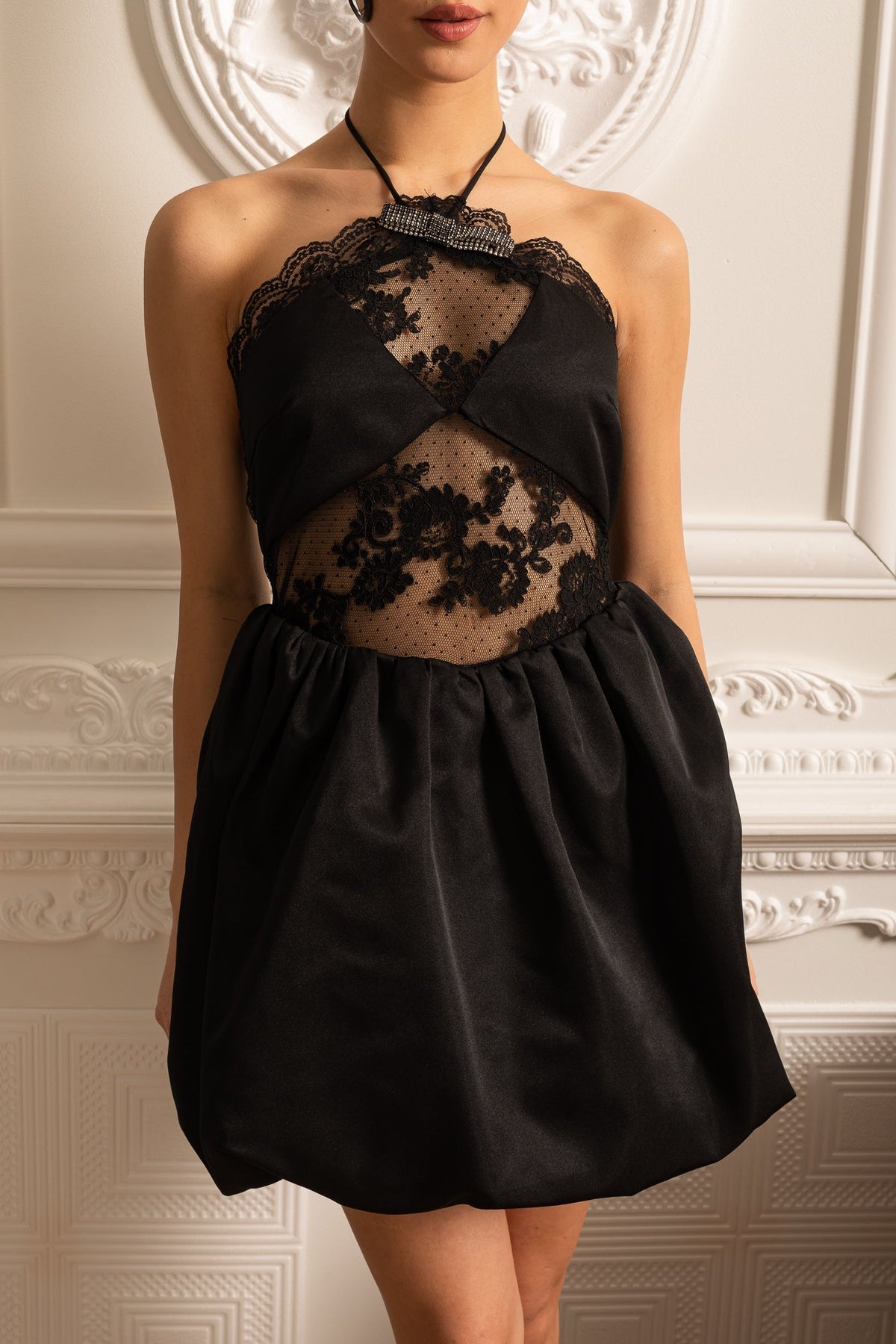 Halter Neck Sheer Floral Lace Bodice Satin Bubble Hem Mini Dress 6