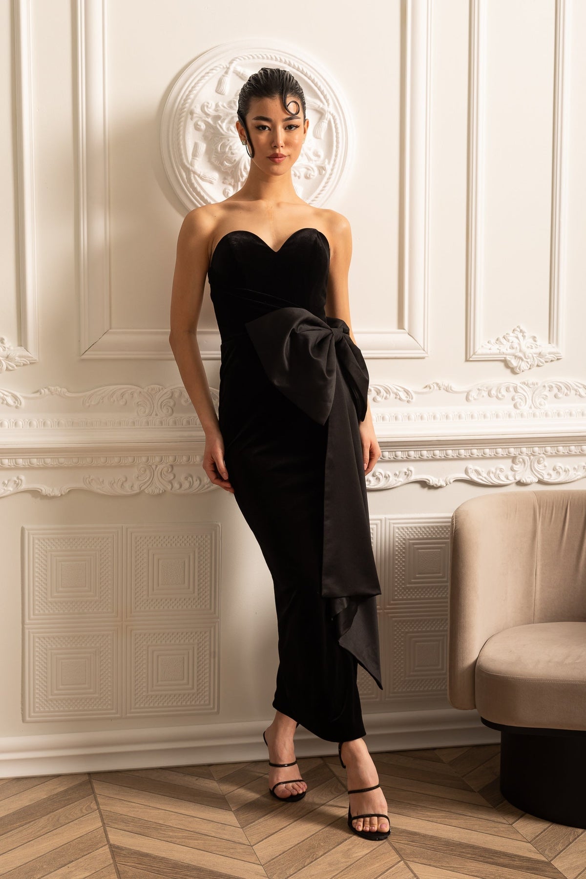 Velvet Strapless Sweetheart Oversized Bow High Split Midi Dress 11