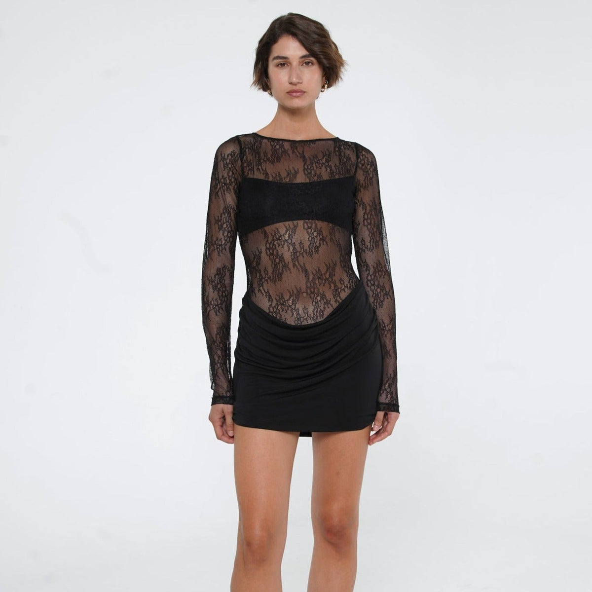 Sheer Lace Long Sleeve Crew Neck Draped Skirt Bodycon Mini Dress 14