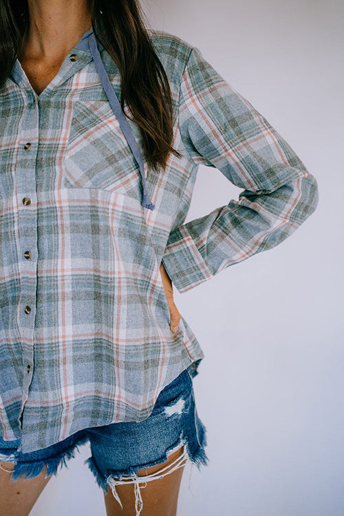 Flannel Plaid Button Down Hoodie Top
