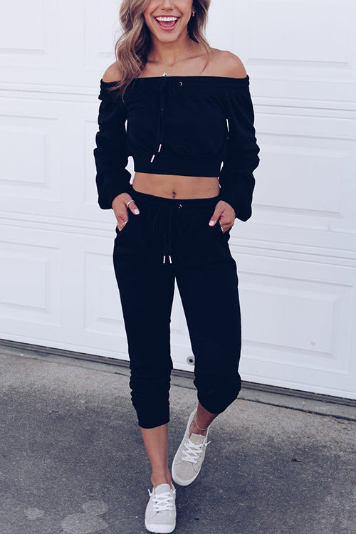 Off Shoulder Drawstring Crop Jogger Pants Set