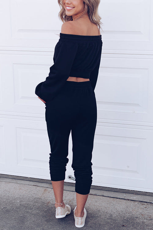 Off Shoulder Drawstring Crop Jogger Pants Set
