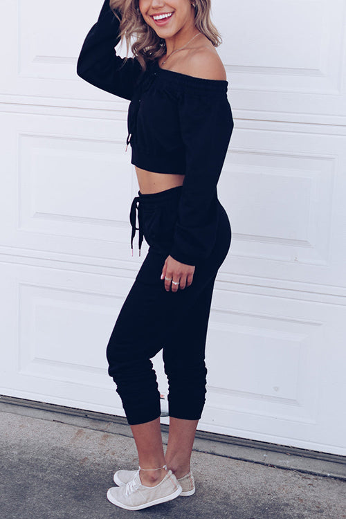 Off Shoulder Drawstring Crop Jogger Pants Set