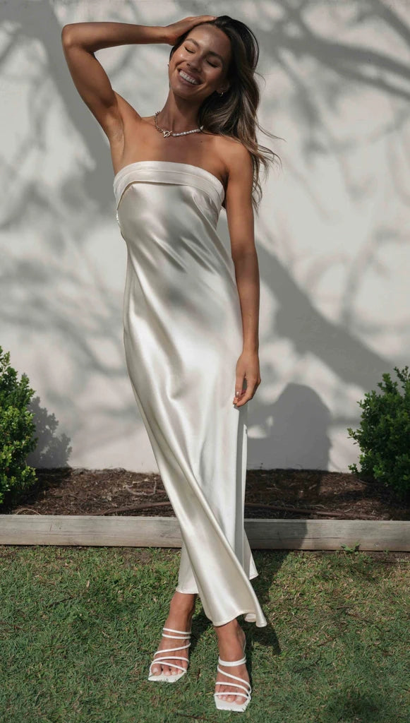 Satin Strapless Straight Neck Bias Cut Slip Maxi Dress 12