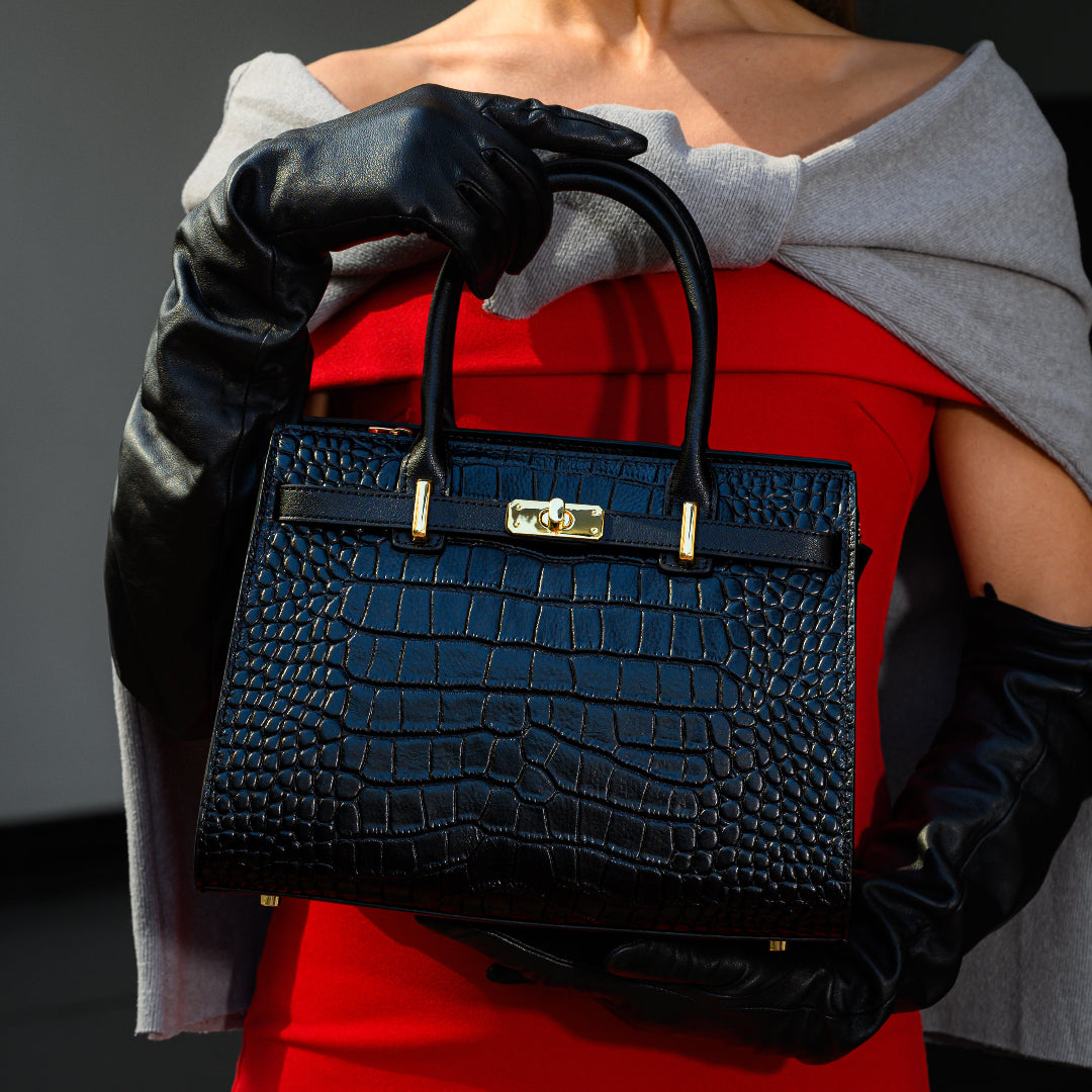 Croc Embossed Top Handle Turn Lock Structured Tote Bag