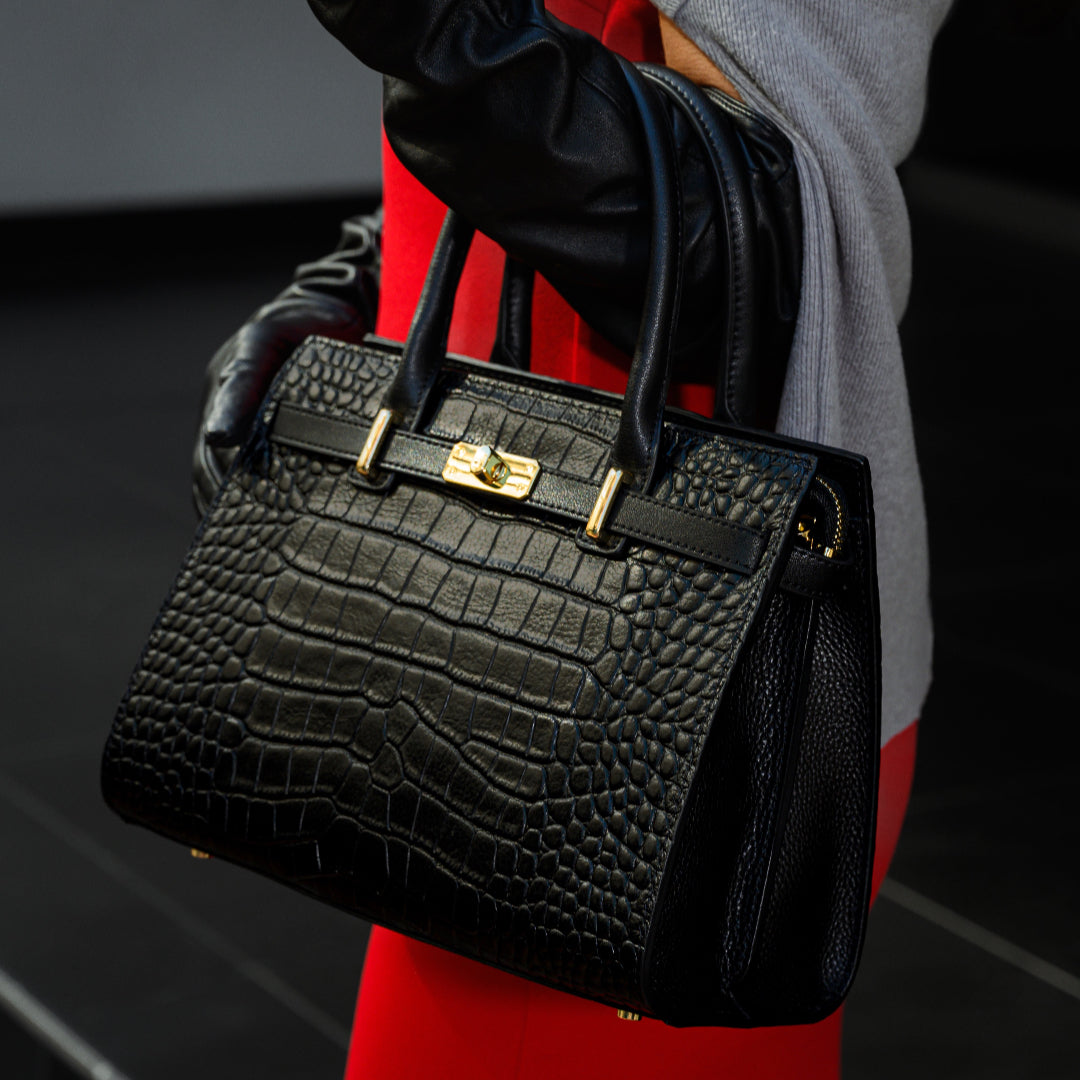 Croc Embossed Top Handle Turn Lock Structured Tote Bag